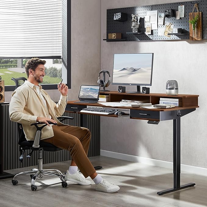 63 Inches Electric Standing Desk with Keyboard Tray, Height Adjustable Sit to Stand Table with 2 Drawers, Ergonomic Home Office Desk with Storage Shelf, Computer Table, Black Walnut