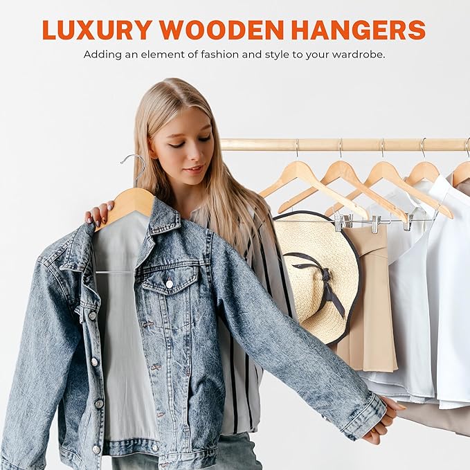 HOUSE DAY 24 Pack High-Grade Wooden Suit Hangers Skirt Hangers with Clips Solid Wood Pants Hanger Natural Smooth Finish Premium Wood Hanger with Durable Metal Clips for Blouse, Dress, Coat, Jacket