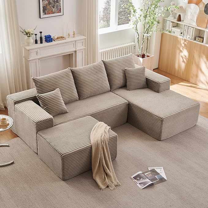 107" U-Shape Cloud Couch, Modern Modular Sectional Comfy L-Shape Sofa with Ottoman, Deep Seat, Upholstered Corduroy Sleeper Chaise Longue for Living Room Bedroom, No Assembly Required, Camel