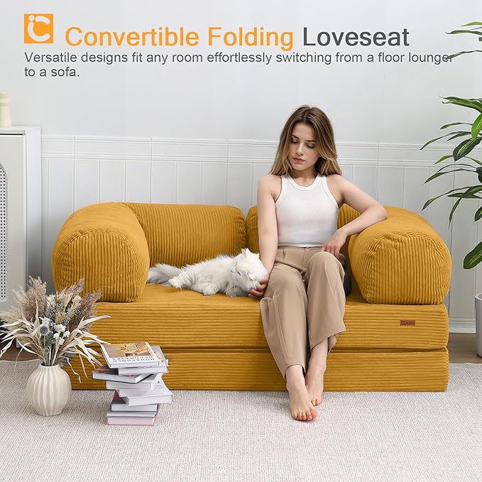 COMAX Futon Sofa Bed, 4-in-1 Floor Foldable Sofa Couch Bed Queen with L-Shaped Armrests, Convertible Folding Chair Bed Sleeper Mattress Fold Out Comfy Lounge for Living Room Bedroom, Yellow