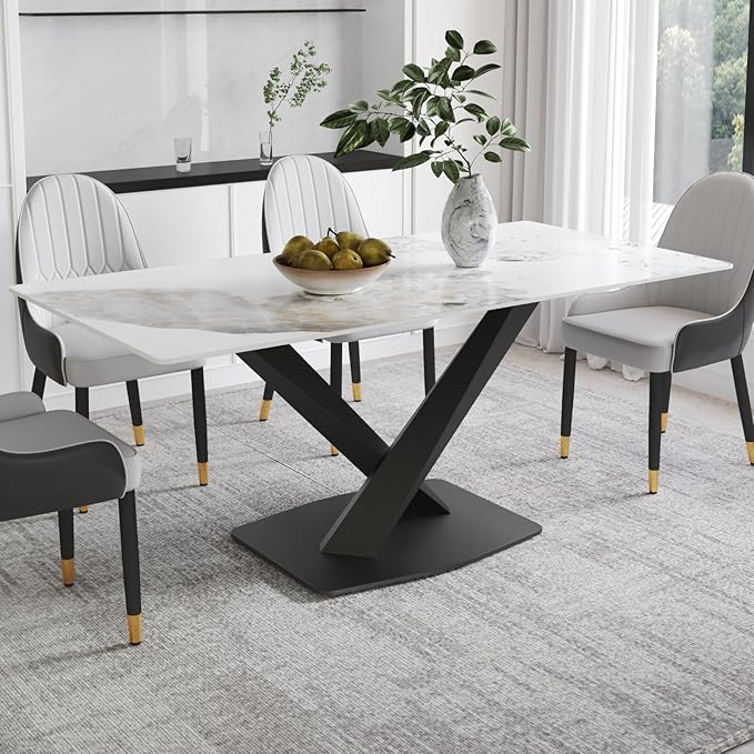 Modern Rectangle Marble Dining Table,63" Antique White Marble Sintered Stone Top Dining Table,Rectangle Dining Room Table with X-Shape Carbon Steel Pedestal Table for Kitchen/Living Room(Table Only)