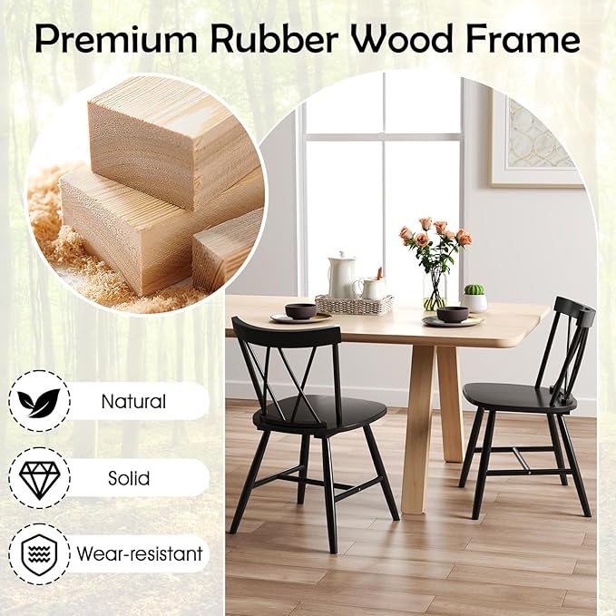 Giantex Windsor Dining Chairs Set of 4, Farmhouse Wooden Kitchen Chairs w/Cross Back, Wide Seat, Rubber Wood Frame, Armless Side Chairs for Kitchen, Dining Room, Living Room, Restaurant, Black