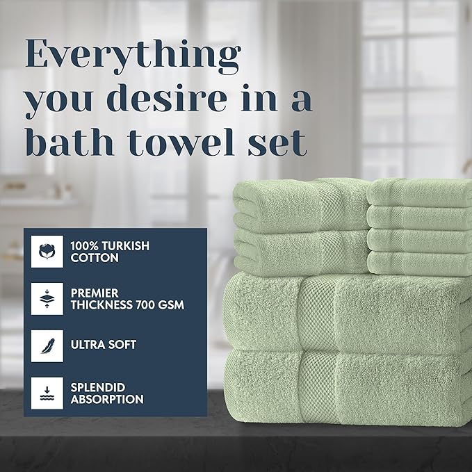 White Classic Luxury Bath Towel Set of 8 Pieces - 100% Turkish Cotton Highly Absorbent Towels for Bathroom, 2 Luxury Bath Towels 700GSM, 2 Hand Towels, 4 Washcloths, Green
