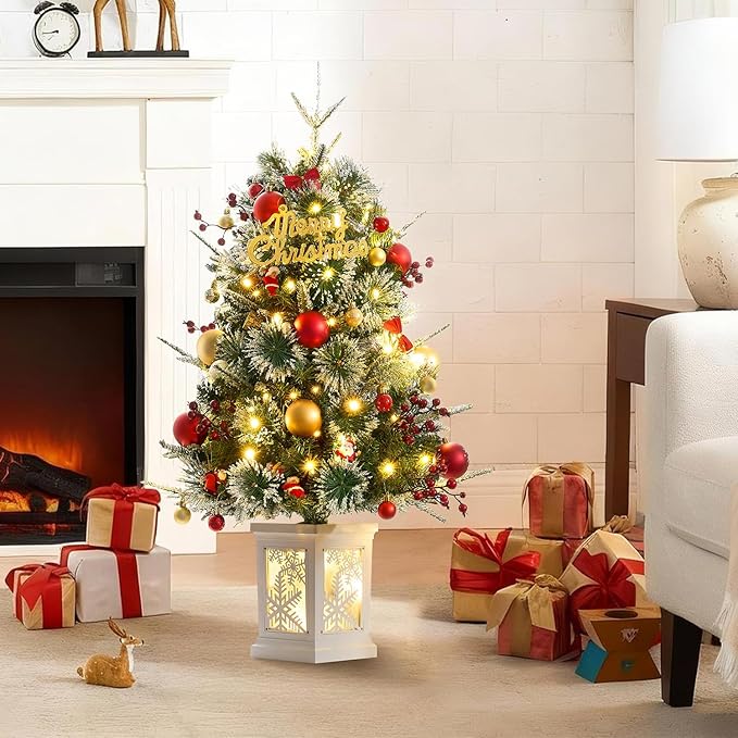 Small 3FT Pre-Lit Snow Flocked Christmas Tree with Twinkling Lights for Home Office Christmas Decor- Battery Operated & Timer (Snowflake Base)