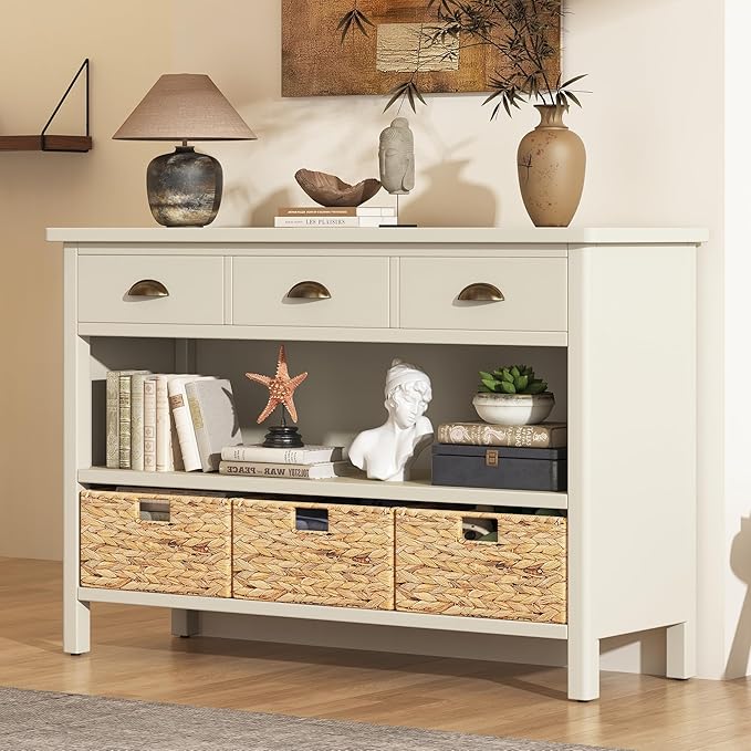 GDFStudio 47" Retro Console Table with 3 Drawers & Water Hyacinth Baskets, Wooden Entryway Buffet Table with Lower Shelf, Vintage Side Board Storage Cabinet for Entryway Living Room, Antique White