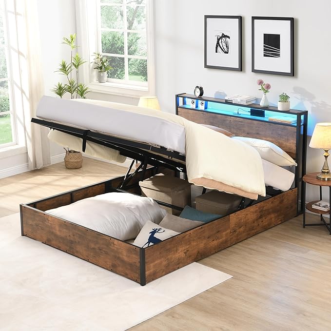 KEIKI Full Lift up Storage Bed Frame with Bookcase Headboard & Charging Station & LED Lights, Wooden Platform Bed Frame, No Spring Box Needed, Rustic Brown