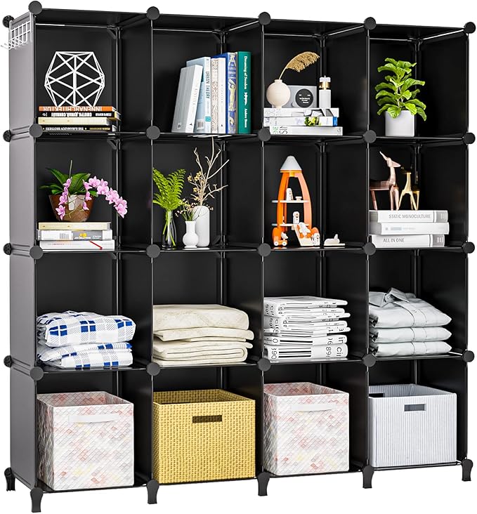 Neprock 16 Cubby Storage Organizer, Closet Clothes Storage Organizer, Cube Shelves Closet Organizers and Storage Shelves for Clothing Storage with Hammer, Bookshelf for Kids（Black）
