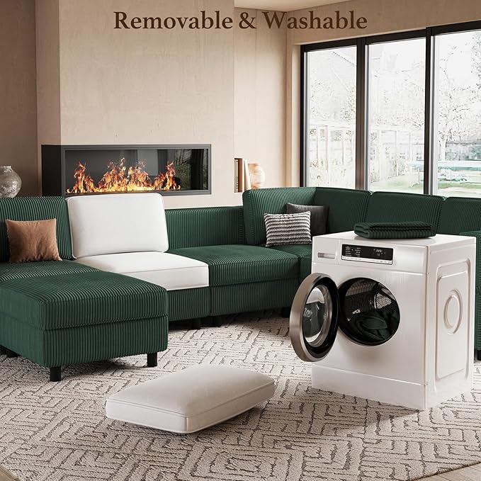 114.2" 8 Seat Modular Sectional Sofa with Deep Storage Seat, Comfy Corduroy Sectional Couch Convertible Modular Sleeper Sofa Couch with Movable Ottoman Chaise, Green