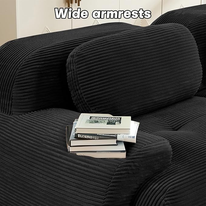 152" Modern Compressed Boneless Couch, 4 Seater Sectional Couches for Living Room, Black Corduroy Cloud Modular Sectional Sofa, Comfy Memory Foam, Extra Deep, Sofas para Sala, No Assembly