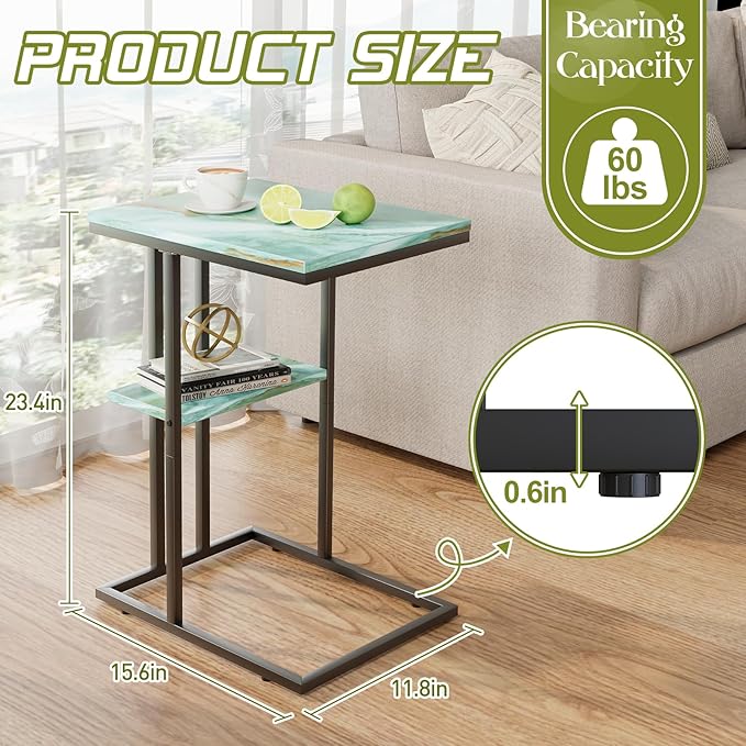 C Shaped End Side Table, Couch Sofa Table for Small Space, Snack Table with Metal Frame, TV Tray Table for Bed, Living Room, Bedroom, Bedside(Sea Blue)