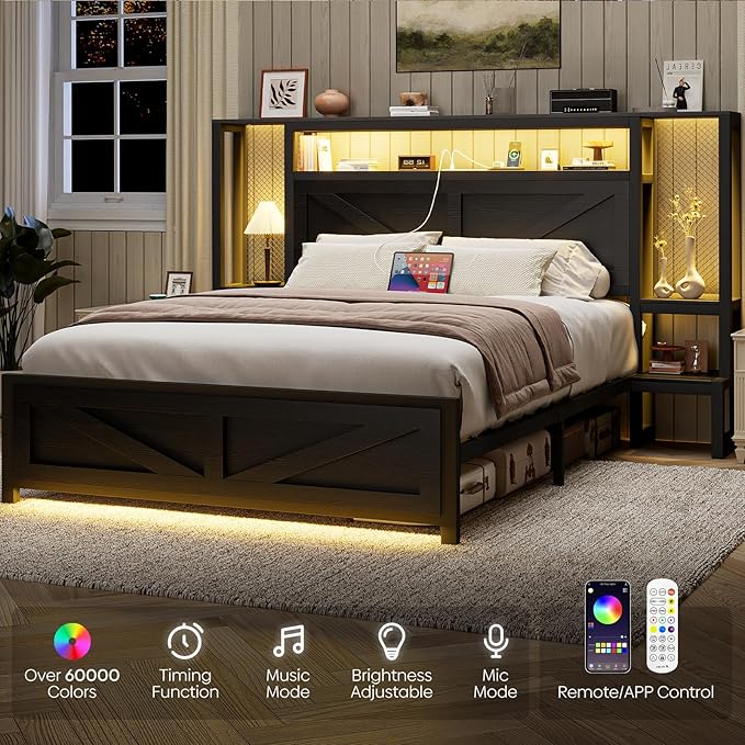 Queen Size Rustic Bed Frame with Storage Born Door Headboard and Bedside Storage, Industrial Farmhouse Metal Platform Bed Frame with Charging Station and LED Lights, Black