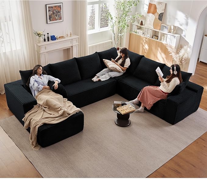 Sectional Cloud Couch with L-Shape Chaise, Upholstered Corduroy Couches Stupendous U Shaped Sofas, Modern Modular Comfy Sofa with Deep Seat for Living Room Bedroom, No Assembly Required, Black