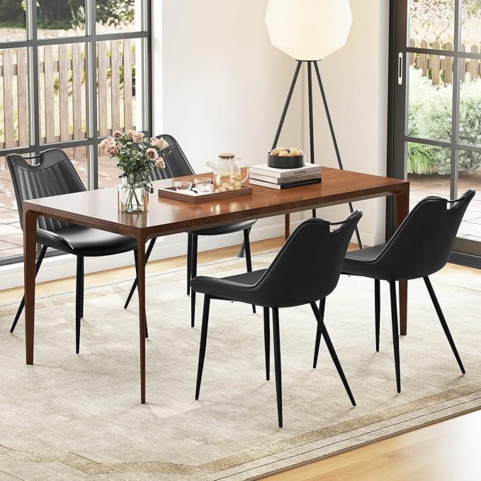 Giantex Dining Chairs Set of 4, PU Leather Upholstered Kitchen Dining Room Chairs w/Handle, Metal Legs, Curved Back, Modern Armless Accent Side Chair for Living Room, Restaurant (PU Black)