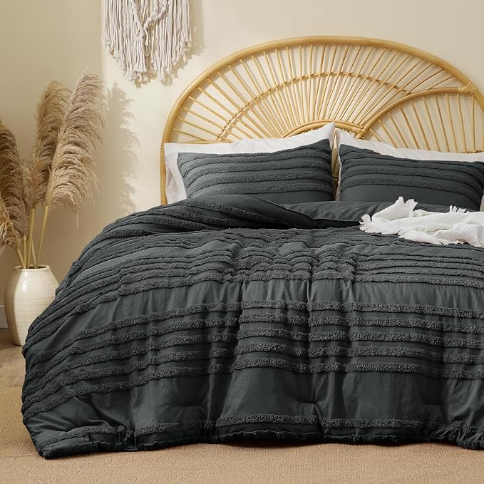 BEDELITE Boho Comforter Set Queen Size, Dark Grey Tufted Striped Bed Set 3 Pieces, Soft Vintage Farmhouse Comforter for All Seasons, Boho Home Decor,Fluffy Jacquard Bedding with 2 Pillow Shams