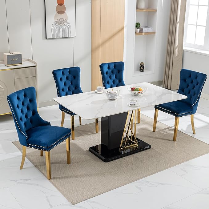 Luxury Upholstered Dining Chairs Set of 2, Blue Kitchen Chair with Golden Metal Legs, Velvet Tufted Back Dining Chair, Sillas de Comedor, Modern Kitchen & Dining Room Chairs (Blue, 2 Pcs)