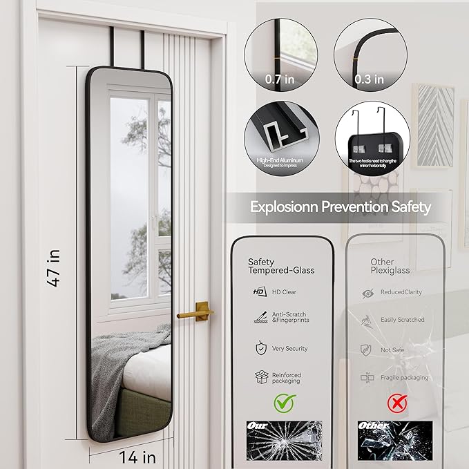 47x14 Mirror Full Body Length Door Hanging/Rope Hang/Wall Mounted Metal Frame Rectangle Mirrors for Bedroom Bathroom Dressing Living Room 47 inch Black