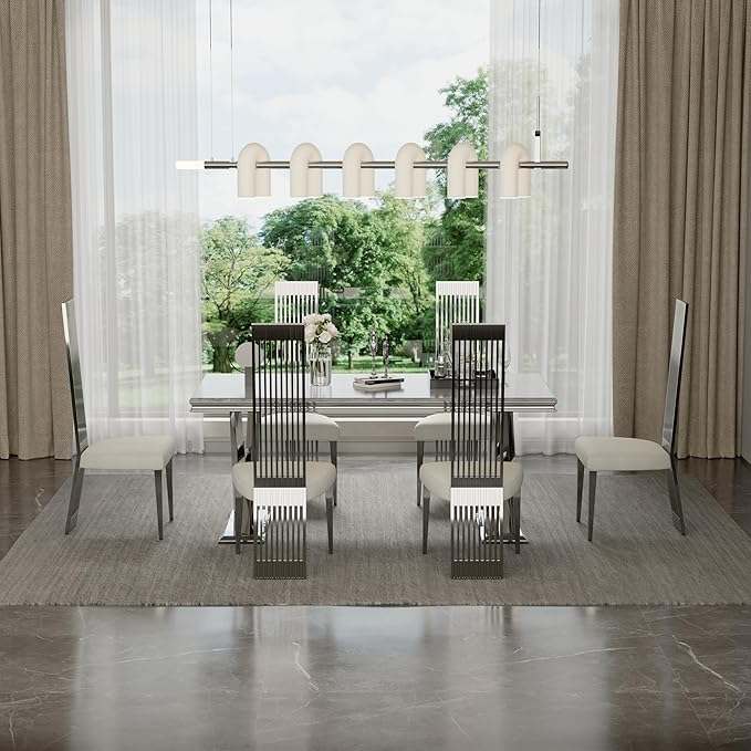 Silver Dining Chair Set of 4, White Boucle Dining Chairs with Polished Silver Stainless Steel Backrest and Legs, Modern Elegant Upholstered Dining Room Chairs for Dining Room Kitchen Restaurant