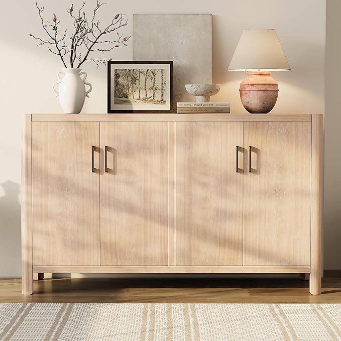 Farmhouse Wood 4-Door Cabinet Sideboard with Smooth Rounded Corners, Rustic Accent Entryway Console Table for Hallway Living Room Dining Room