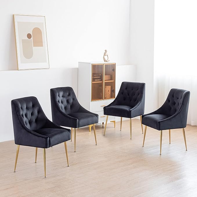 Modern Dining Chairs Set of 2, Mid Century Dining Chairs with 5.12” Cushions and Golden Legs, Velvet Upholstered Chairs with Back Pull Rod, for Kitchen, Living Room (Black)