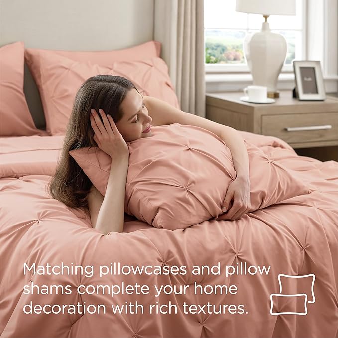 Bedsure California King Comforter Set Dusty Pink - Bed in a Bag California King 7 Pieces, GentleSoft™ Pintuck Bed Set Gift for Family, Pinch Pleat Dusty Pink Comforter with Sheets, Pillowcases & Shams