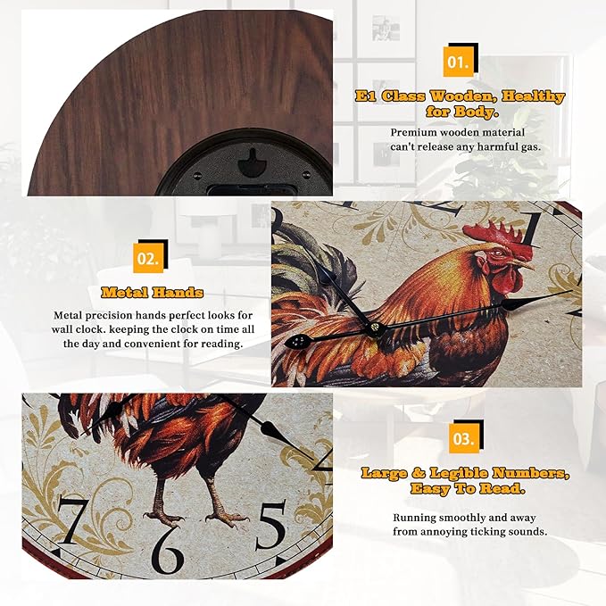 24 inch Rooster Retro Wall Clock Silent NonTicking Easy to Read Clock, Large Battery Operated Decorative Wall Clocks for Kitchen Living Room Bedroom Farmhouse Decoration