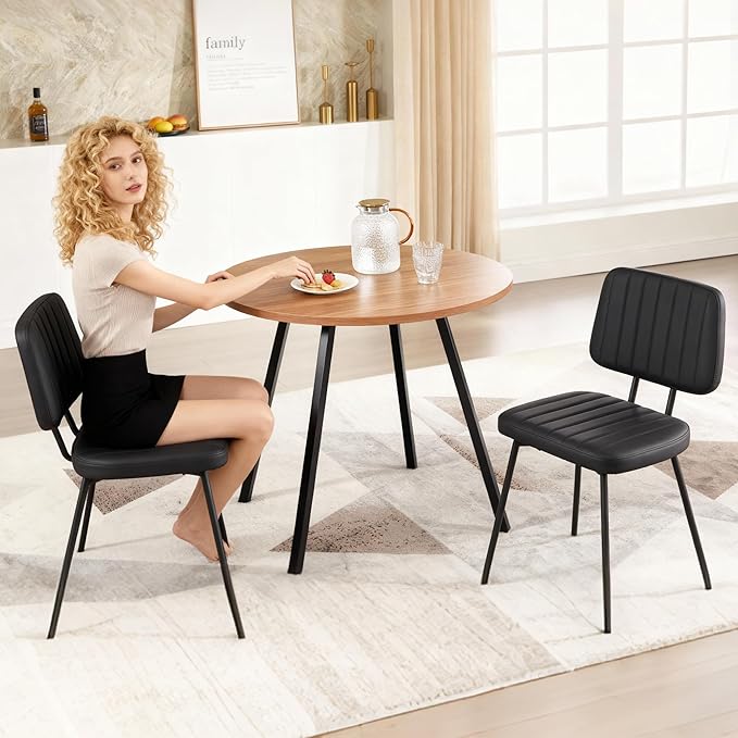 Dining Chairs Set of 2, Faux Leather Upholstered Dining Chairs, Mid Century Modern Kitchen Dining Room Accent Chairs with Curved Backrest and Steel Frame for Living Room, Vanity - Black