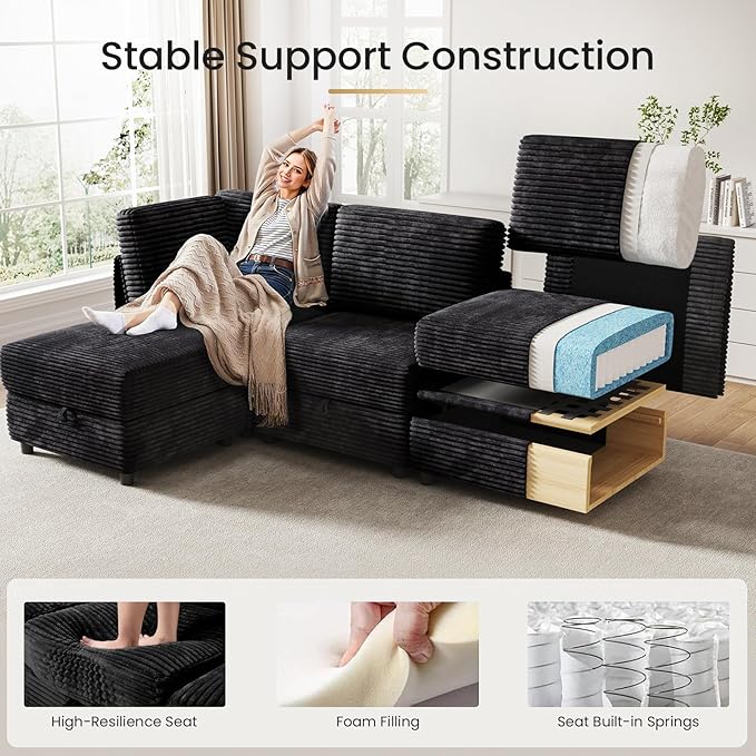 KKL Modular Sectional Sofa U-Shaped 6 Seater Couch with Storage Ottoman, Convertible L-Shaped Plush Wide-Wale Corduroy Couch for Living Room, Apartment, Modern Design, Black