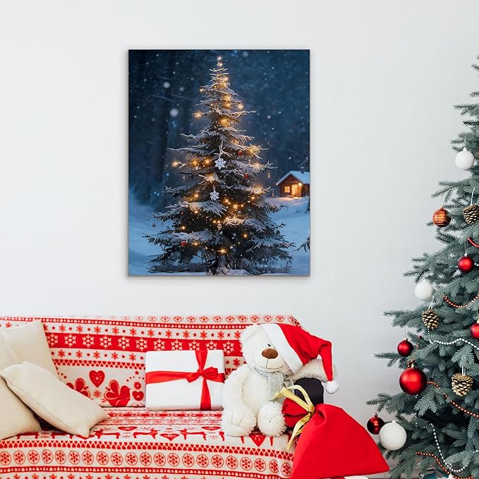 Framed Christmas Pictures Wall Decor,Vintage Pine Tree Prints,Winter Christmas Canvas Wall Art Decoration for Bedroom Bathroom Living Room Rustic Xmas Holiday Gifts (Christmas Tree 19, 12'' X 16'')