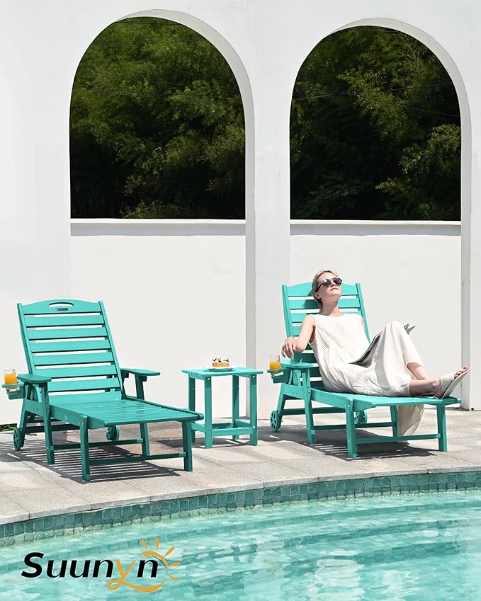 Lounge Chair Outdoor Set of 2, HDPE Chaise Chair Outdoor with 6-Position & Wheels &Cup Holder, Pool Lounge Chair for Pool Poolside Deck Backyard Patio, Lake Blue