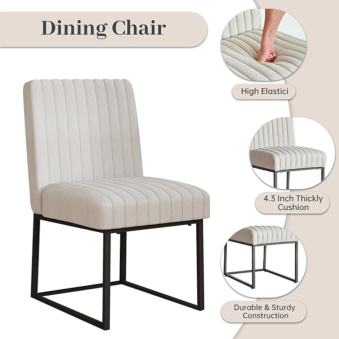 VKNOW Upholstered Dining Chairs Set of 6, Modern Dining Room Chairs with Stripe, Linen Kitchen Chair Dinner Chair with Black Metal Base for Kitchen Office, Beige