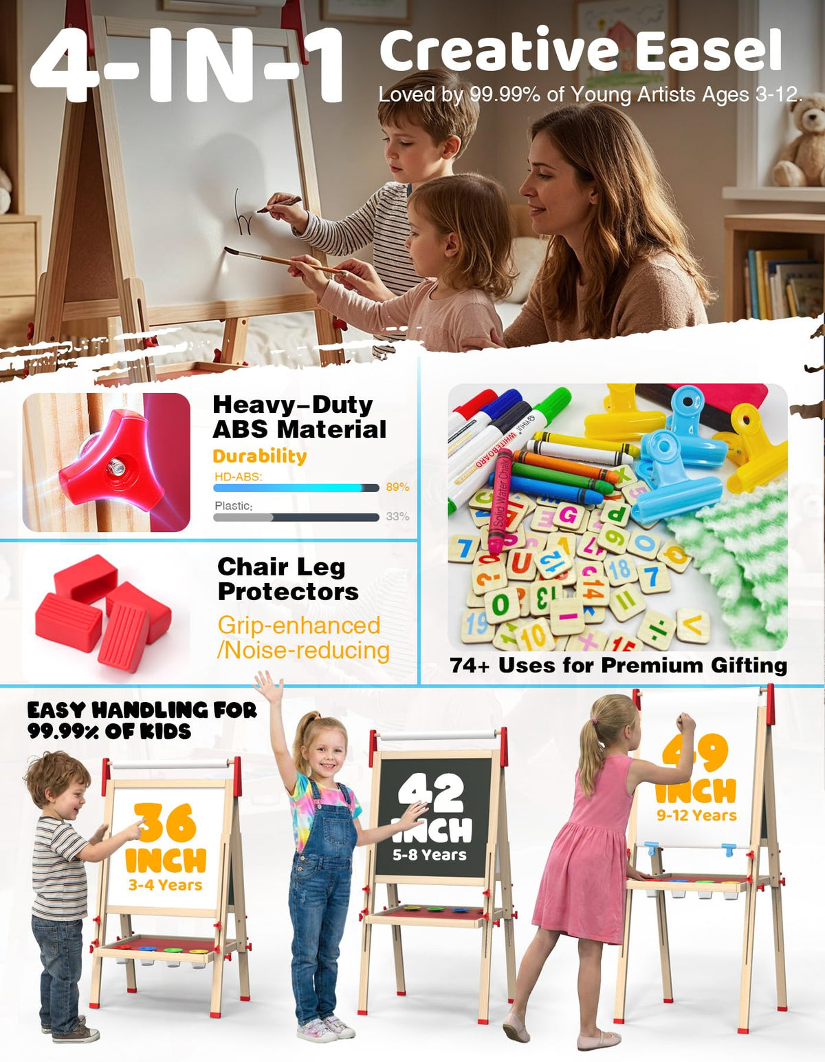 MekyrCreo Kids Art Easel, Adjustable Wood Chalkboard, Easels for Toddlers