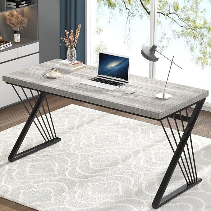 FOLUBAN Modern Desk, Rustic Wood and Metal Computer Desks for Home Office, Simple Study Writing Work Table for Bedroom Living Room, Light Grey, 60 Inch