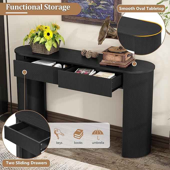 Modern Fluted Console Table 54-Inch Oval Entry Sofa Table with Storage Drawers for Living Room Entryway Hallway Furniture, Black