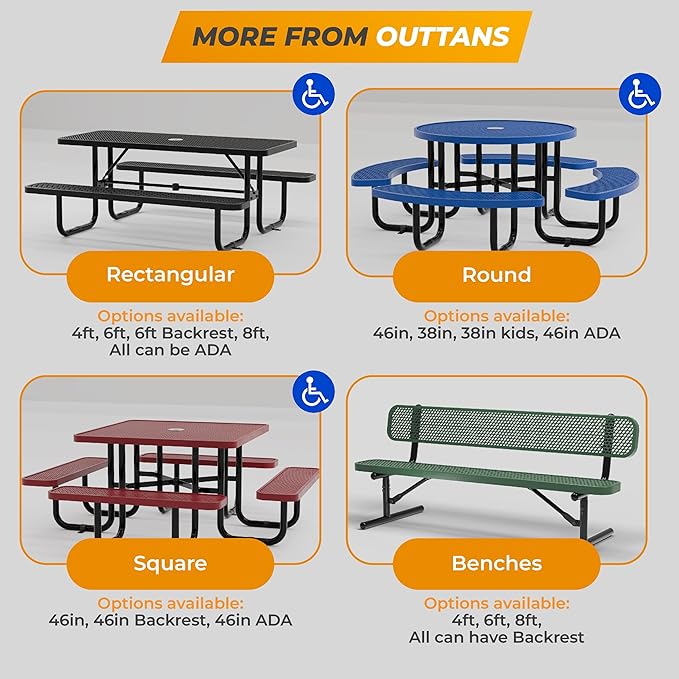 Metal Picnic Tables for Outdoors with Umbrella Hole - Coated Steel Heavy Duty Commercial Grade Furniture Set with Adjustable Seats (Green, 38 in, Round, Expanded Steel)