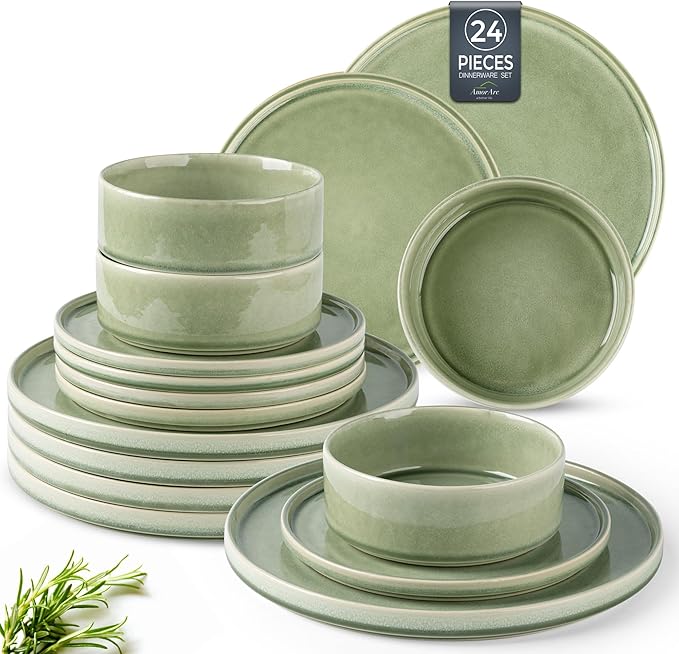 AmorArc Ceramic Dinnerware Sets, Handmade Reactive Glaze Stoneware Plates and Bowls Sets,Highly Chip and Crack Resistant | Dishwasher & Microwave Safe Dishes Set, Service for 8 (24pc)