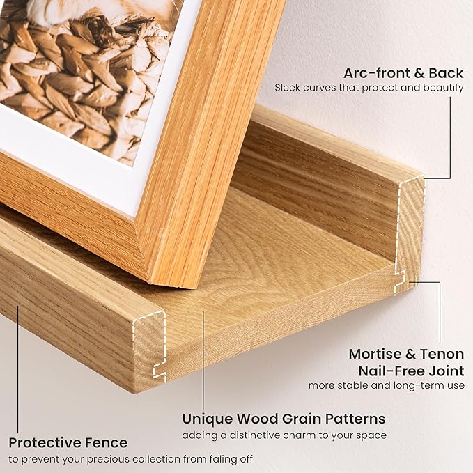 Solid Ash Wood Picture Ledge Shelf, 36 Inch Floating Shelves with Lip Set of 2, Photo Ledge Shelf Nursery Bookshelf Wall Mounted for Living Room Bedroom Decor, Natural