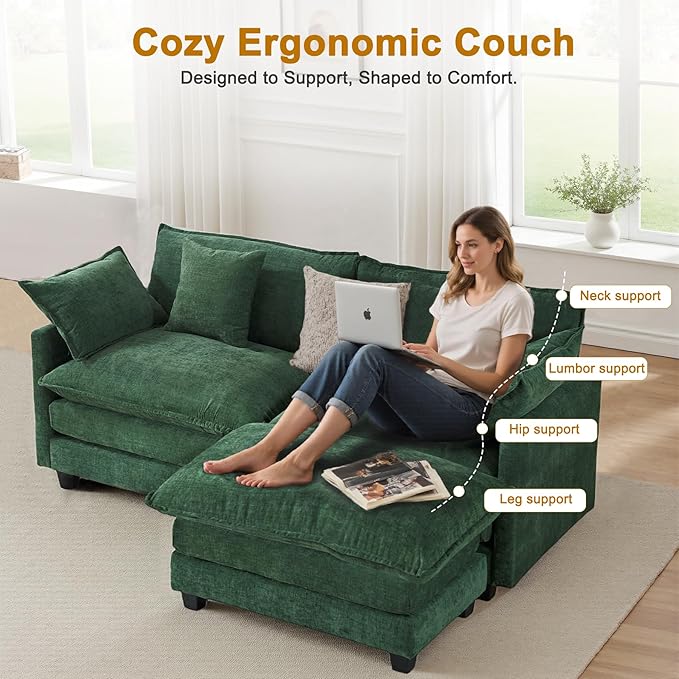 77" L Shaped Cloud Loveseat Sofa with Ottoman｜3-Seat Chenille Sectional Couch with 29.1" Deep Seat｜FSC Certified Solid Wood & Metal Frame｜Easy Assembly & 1YR Guarantee ｜for Living Room Apartment