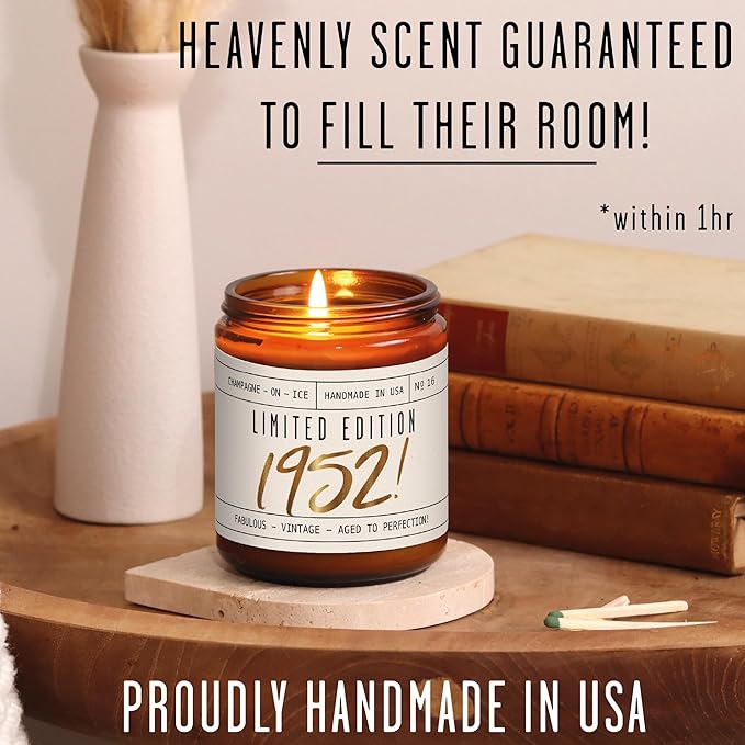 73rd Birthday Gifts for Women - 'Limited Edition 1952' Soy Candle, w/Champagne on Ice I 73 Birthday Gifts for Women I 73rd Birthday Gift for Her Ideas I 9oz Reusable Jar, 50Hr Burn, Made in USA