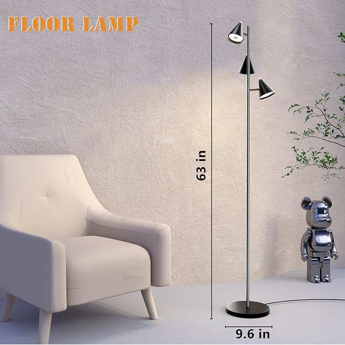 Tree Floor Lamp with Remote, Dimmable 3 Rotatable LED Lights, 5 Color Temperatures, 63" Modern Standing Lamp for Living Room, Bedroom, Office Reading Light