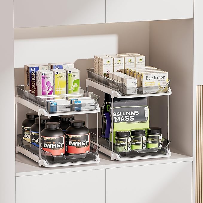 Delamu 2-Tier Multi-Purpose Bathroom Under Sink Organizers and Storage, Stackable Kitchen Pantry Organization, Pull Out Medicine Cabinet Organizer with Movable Dividers, Grey, 4 Pack