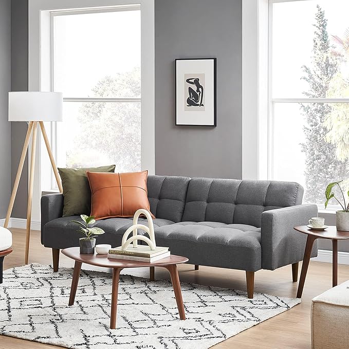 mopio Aaron 76.8" Couch, Small Futon Sofa Bed, Sleeper, Loveseat, Mid Century Modern Futon Couch, Sofa Cama, Couches for Living Room, Bedroom (Dark Grey Fabric)