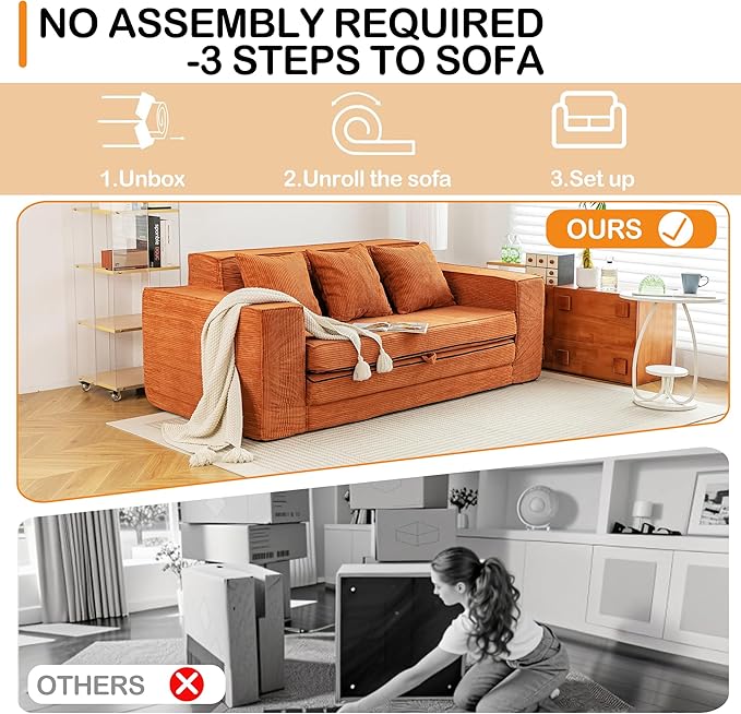 HOMREST 76" Convertible Memory Foam 3-seat Sofa, Pull Out Sleeper Sofa Bed, 2 in 1 Folding Couch Bed, Fold Out Floor Couch Corduroy Fabric with 3 Pillows for Living Room Bedroom Lounge (Brown)