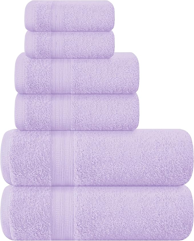 BOUTIQUO 6 Pack Cotton Towel Set, Contains 2 Bath Towels 27x54 inch, 2 Hand Towels 16x24 inch & 2 Wash Coths 12x12 inch, Ideal Everyday use, Ultra Soft Compact & Lightweight - Purple