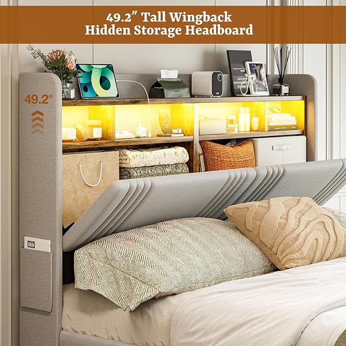 IKIFLY 49.2” Tall California King Bed Frames with 4 Storage Drawers, Upholstered Wingback Hidden Storage Headboard with LED Lights & Charging Station, No Box Spring Needed, Noise Free, Light Grey