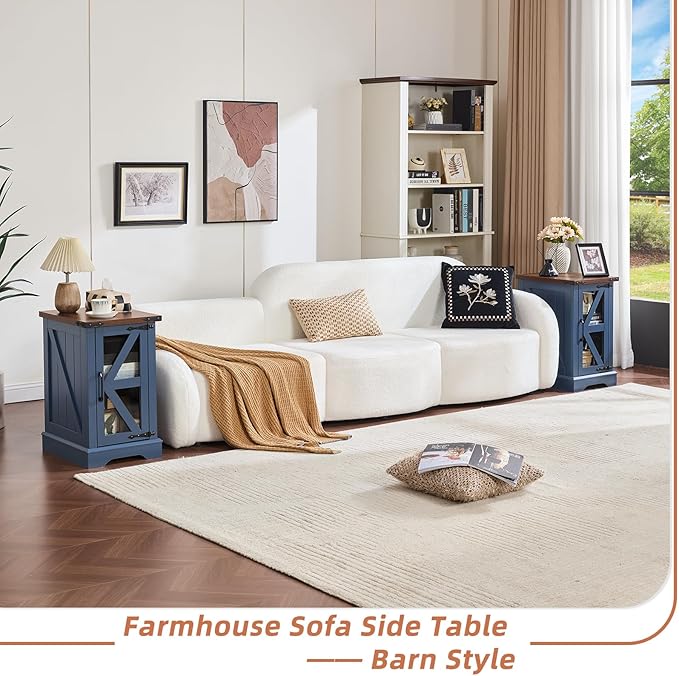 Farmhouse Coffee Table Sets 2 Pieces, Narrow Night Stand with Glass Barn Door Storage, Large Coffee Tables with Hidden Storage Organizer, Wood Furniture Sets for Living Room, Office, Blue