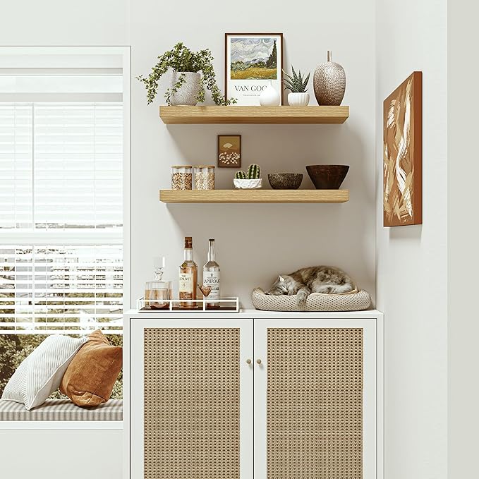 Vivelove Oak Floating Shelves 24 inchs Long, 9.1” Deep Bathroom Shelves Wall Mounted for Bedroom, Living Room, Kitchen, Office, Rustic Home Decor, Wall Shelves with Invisible Brackets, Set of 2