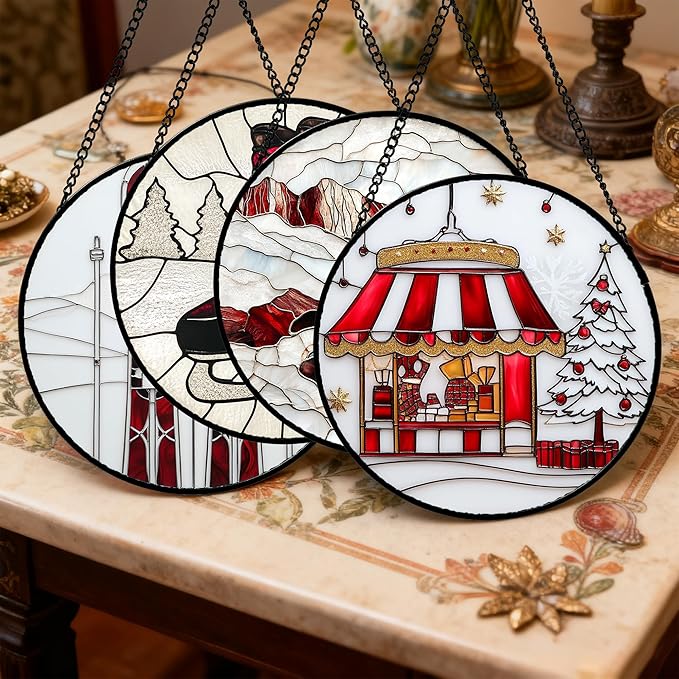 Stained Glass Window Hanging 4 Pcs Set Winter Skiing Red Christmas House Large 15" - Suncatcher Door Garden Sun Catcher Decor Birthday Mother's Day for Mom Woman Nana Friend