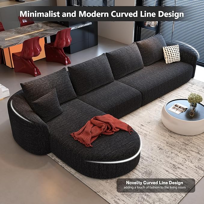 138.6" Modular Sectional Couches Luxury Modern Curved Back Sofa,Minimalist Comfy L-Shape Boneless Cloud Couch for Living Room Apartment,(Left Facing Chaise,Black)