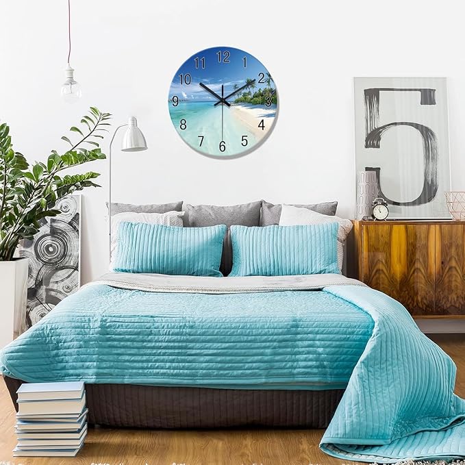 XFM Large Wall Clock Battery Operated Beach Coastal Wall Clocks 24 Inch Silent Non-Ticking Tropical Seascape Glass Wall Clock for Living Room Bedroom Kitchen Decor
