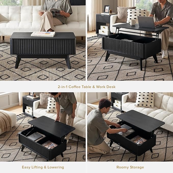mopio Brooklyn Lift Top Coffee Table for Living Room, Mid Century, Modern Farmhouse with Lifting Tabletop & Hidden Storage, Fluted Panel, Rising Pull Up Dining Table (Black Oak)